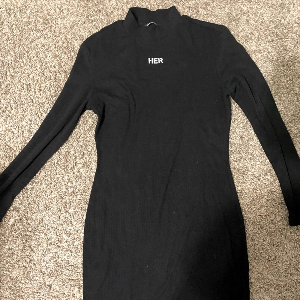 Long sleeve Black “HER” Turtleneck Mid Length Dress